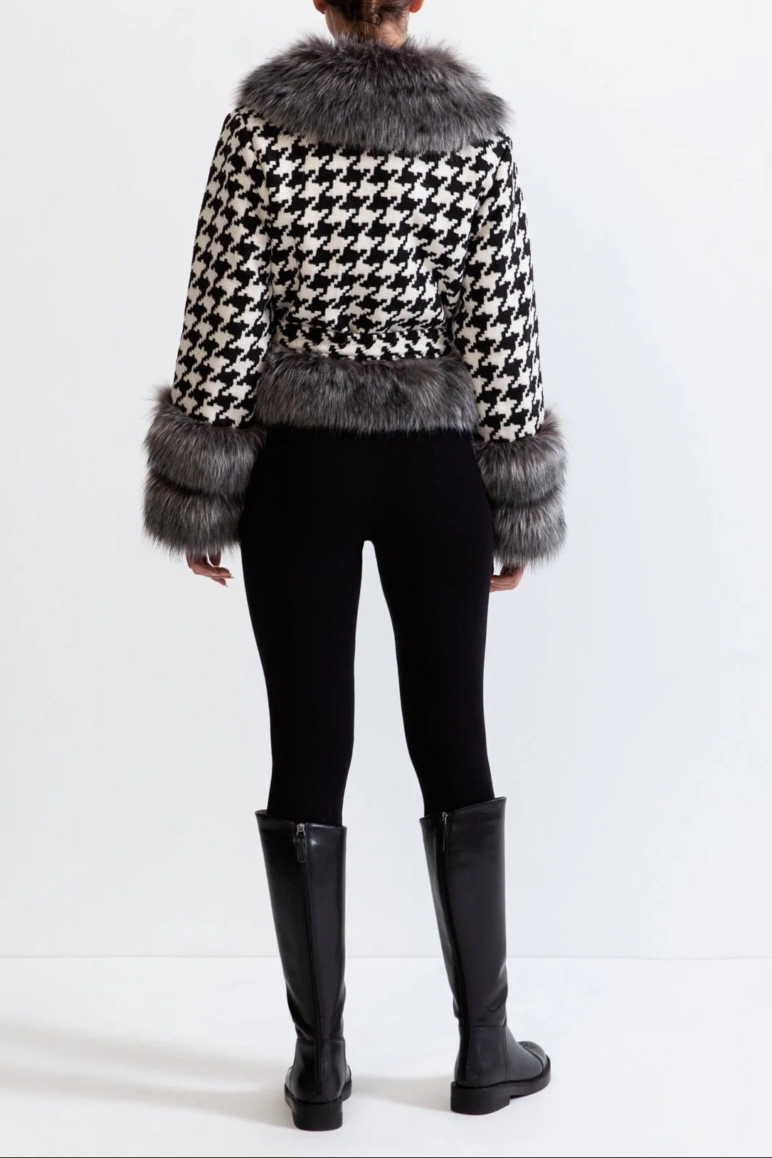 NATIVIDAD HOUNDSTOOTH WOOL BELTED COAT FUR
