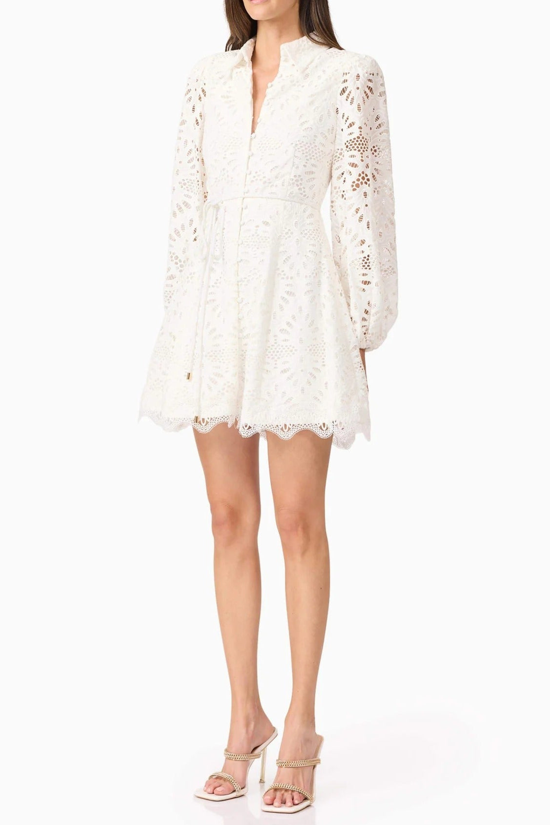 LAPEL EMBROIDERED PUFF SLEEVE MINI WHITE DRESS
