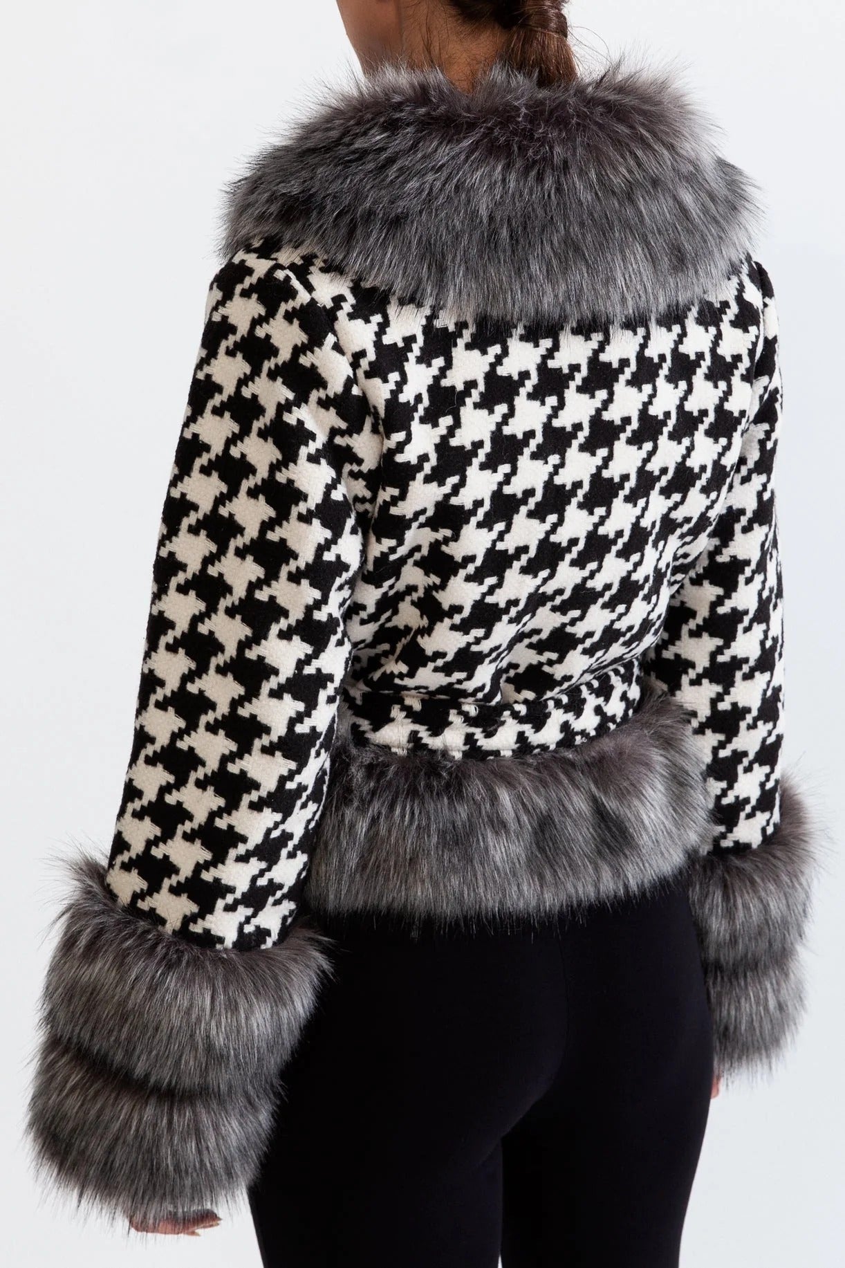 NATIVIDAD HOUNDSTOOTH WOOL BELTED COAT FUR