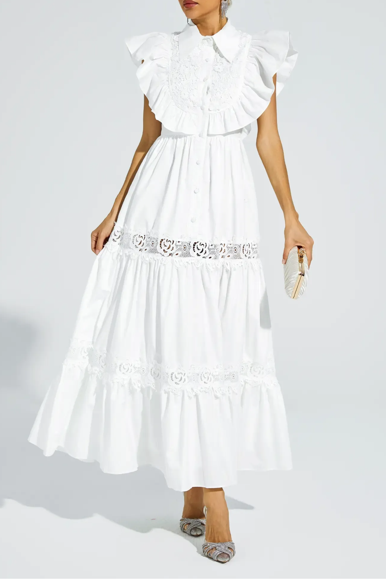 WHITE SLEEVELESS RUFFLE MIDI DRESS