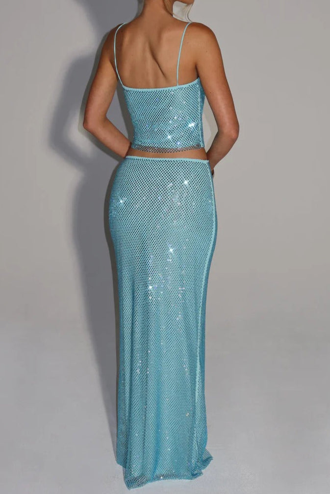 SEQUIN TUBE TOP MAXI SKIRT SUIT - BLUE EVENING