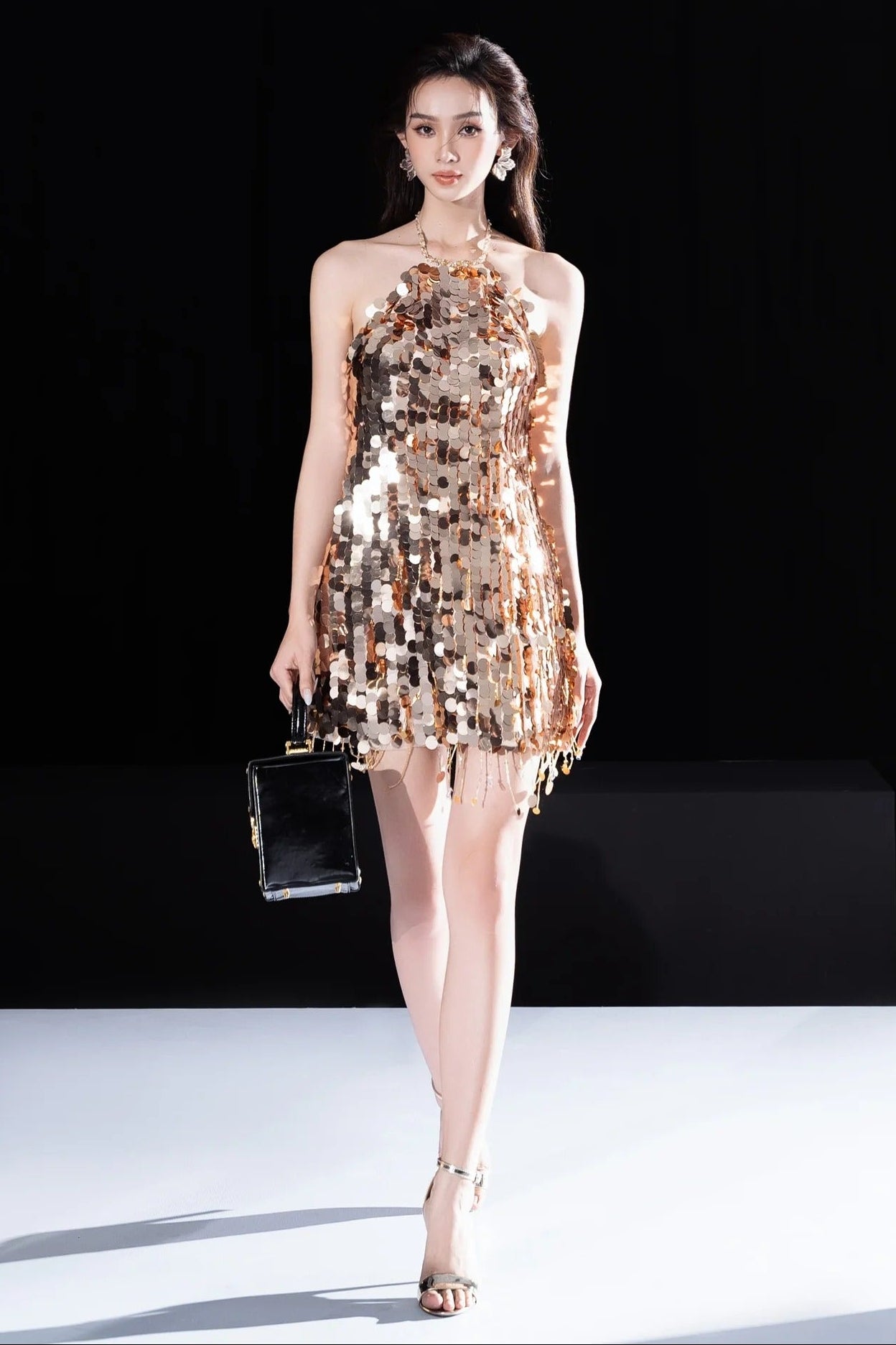 GOLD SEQUIN HALTER MINI DRESS - SLEEVELESS PARTY STYLE