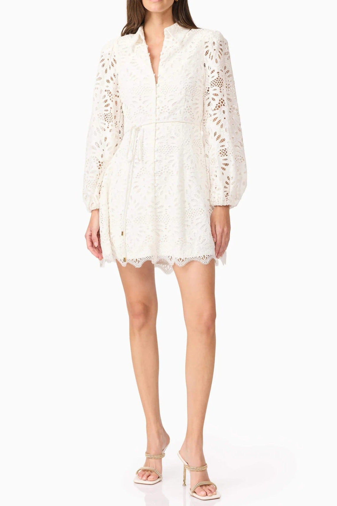 LAPEL EMBROIDERED PUFF SLEEVE MINI WHITE DRESS