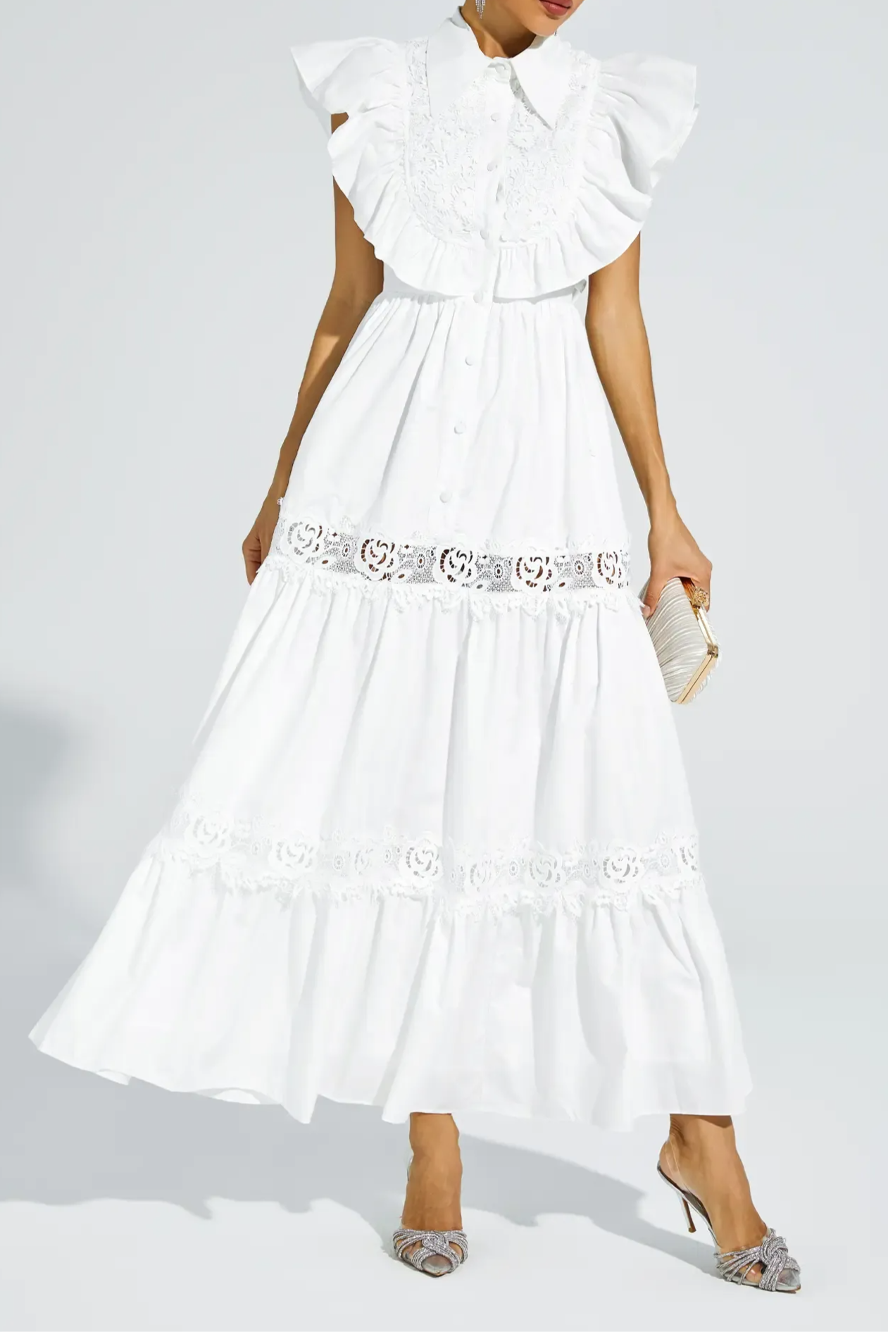 WHITE SLEEVELESS RUFFLE MIDI DRESS