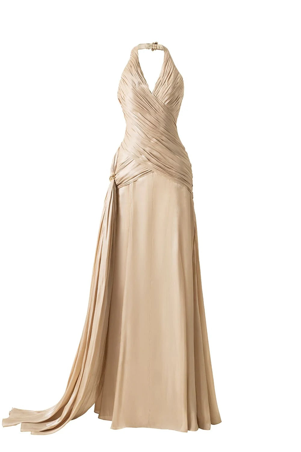 CHAMPAGNE SILK HALTER CORSET MAXI DRESS