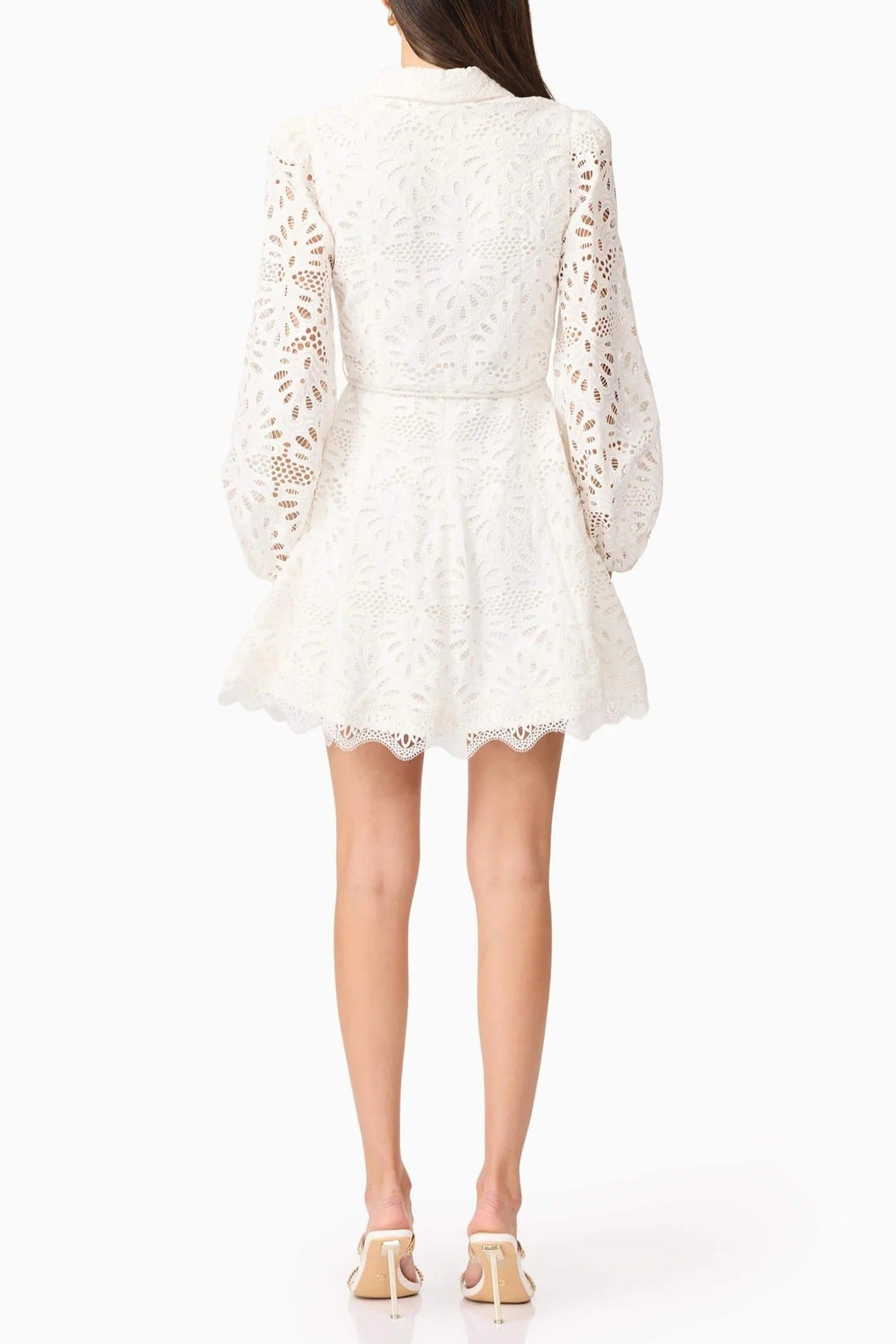 LAPEL EMBROIDERED PUFF SLEEVE MINI WHITE DRESS