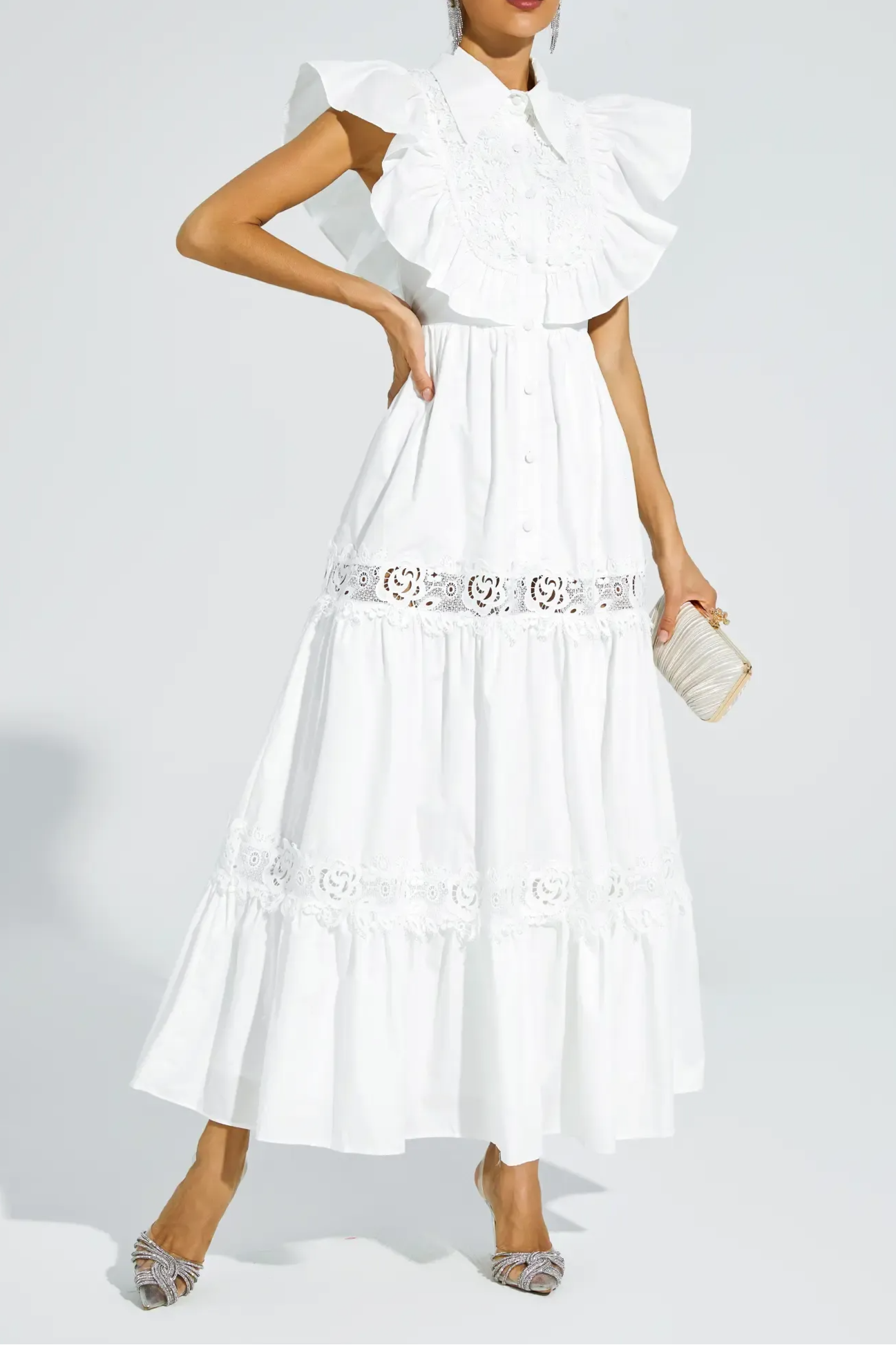 WHITE SLEEVELESS RUFFLE MIDI DRESS