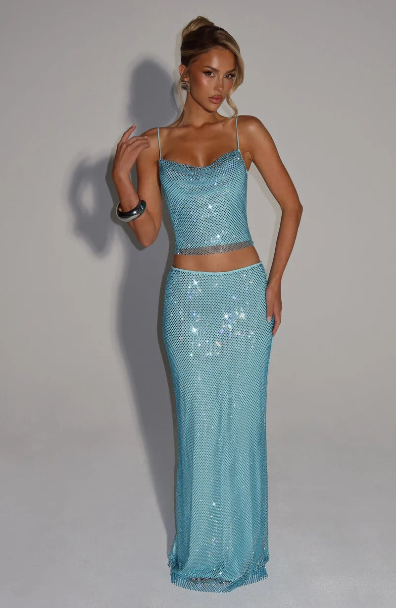 SEQUIN TUBE TOP MAXI SKIRT SUIT - BLUE EVENING