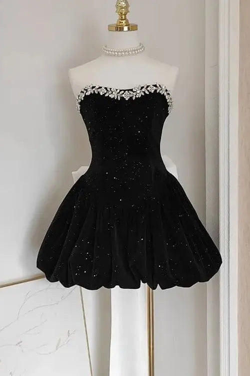 ZAAHIR RHINESTONE BOW SEQUIN STRAPLESS MINI COCKTAIL DRESS