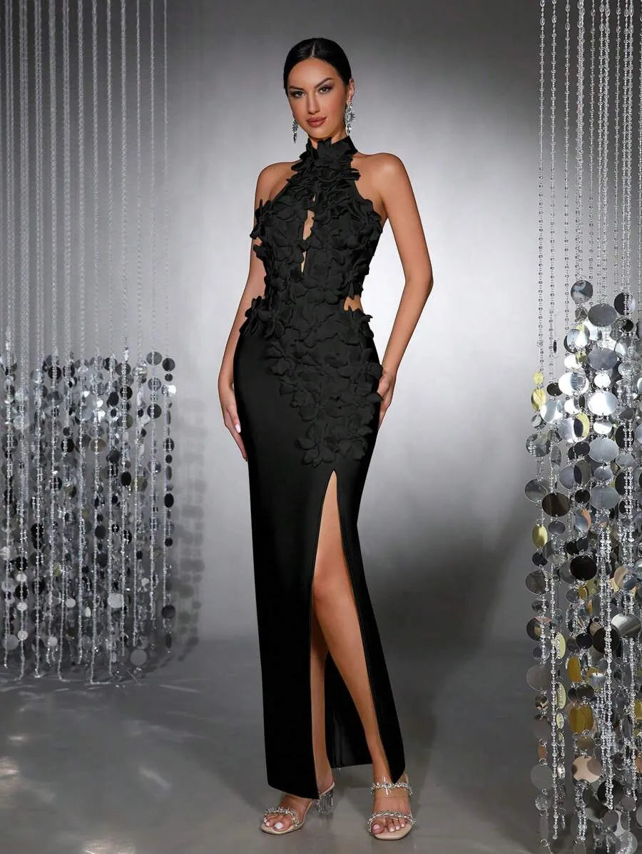 CELESTE BACKLESS HALTER MAXI DRESS WITH 3D FLOWER