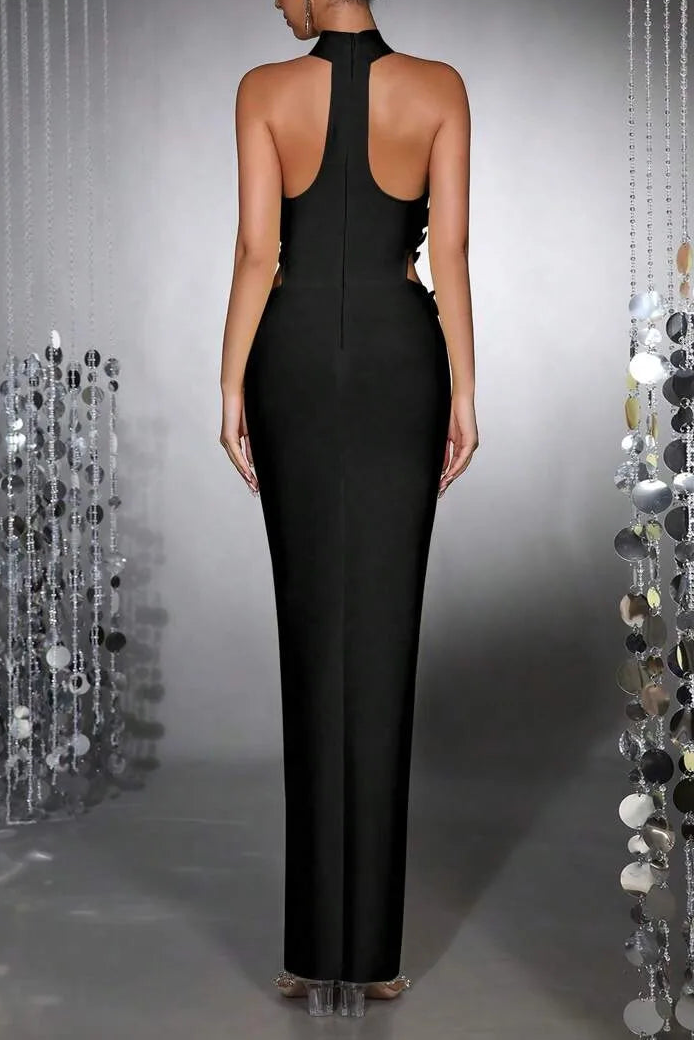 CELESTE BACKLESS HALTER MAXI DRESS WITH 3D FLOWER