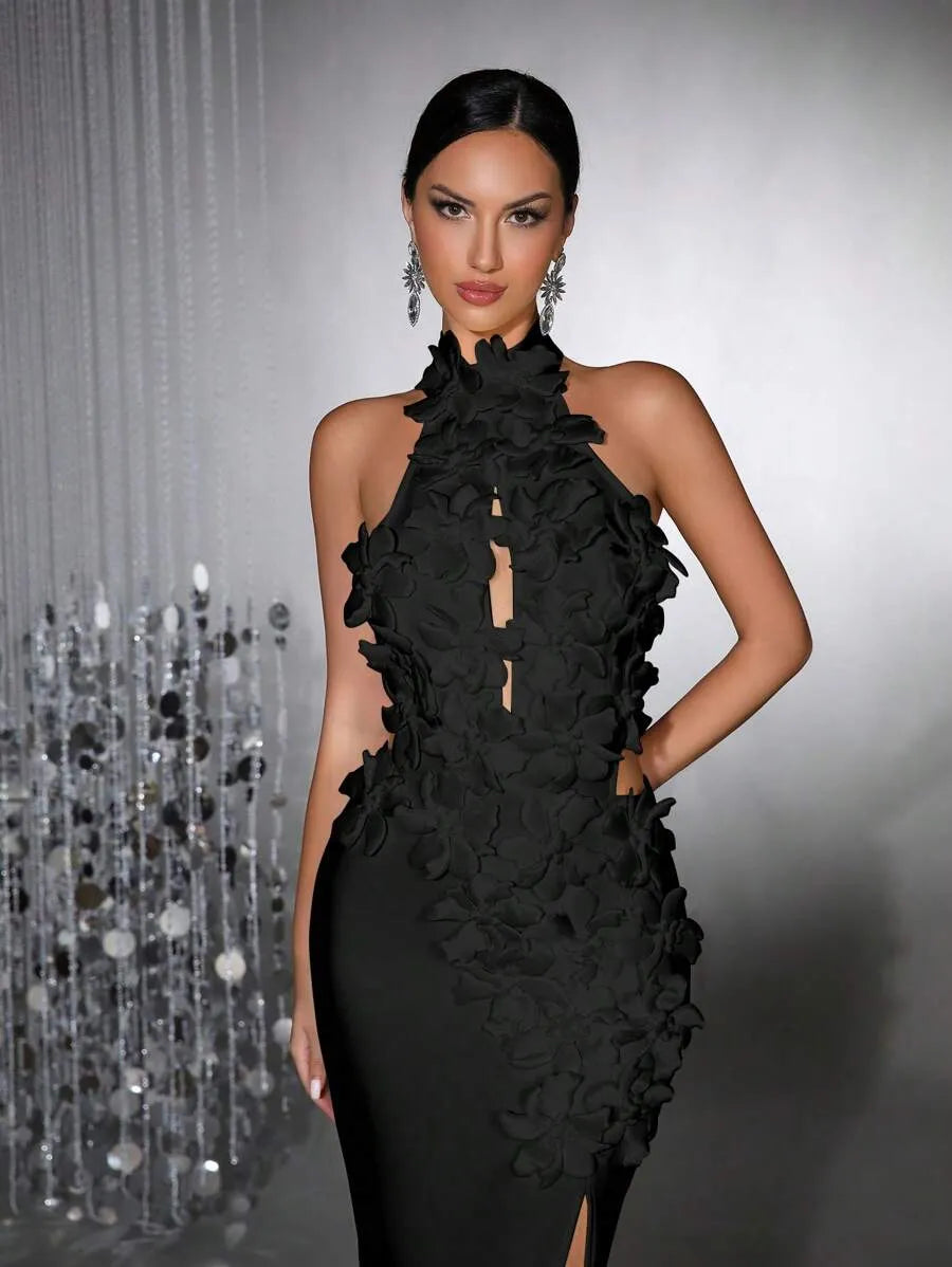 CELESTE BACKLESS HALTER MAXI DRESS WITH 3D FLOWER