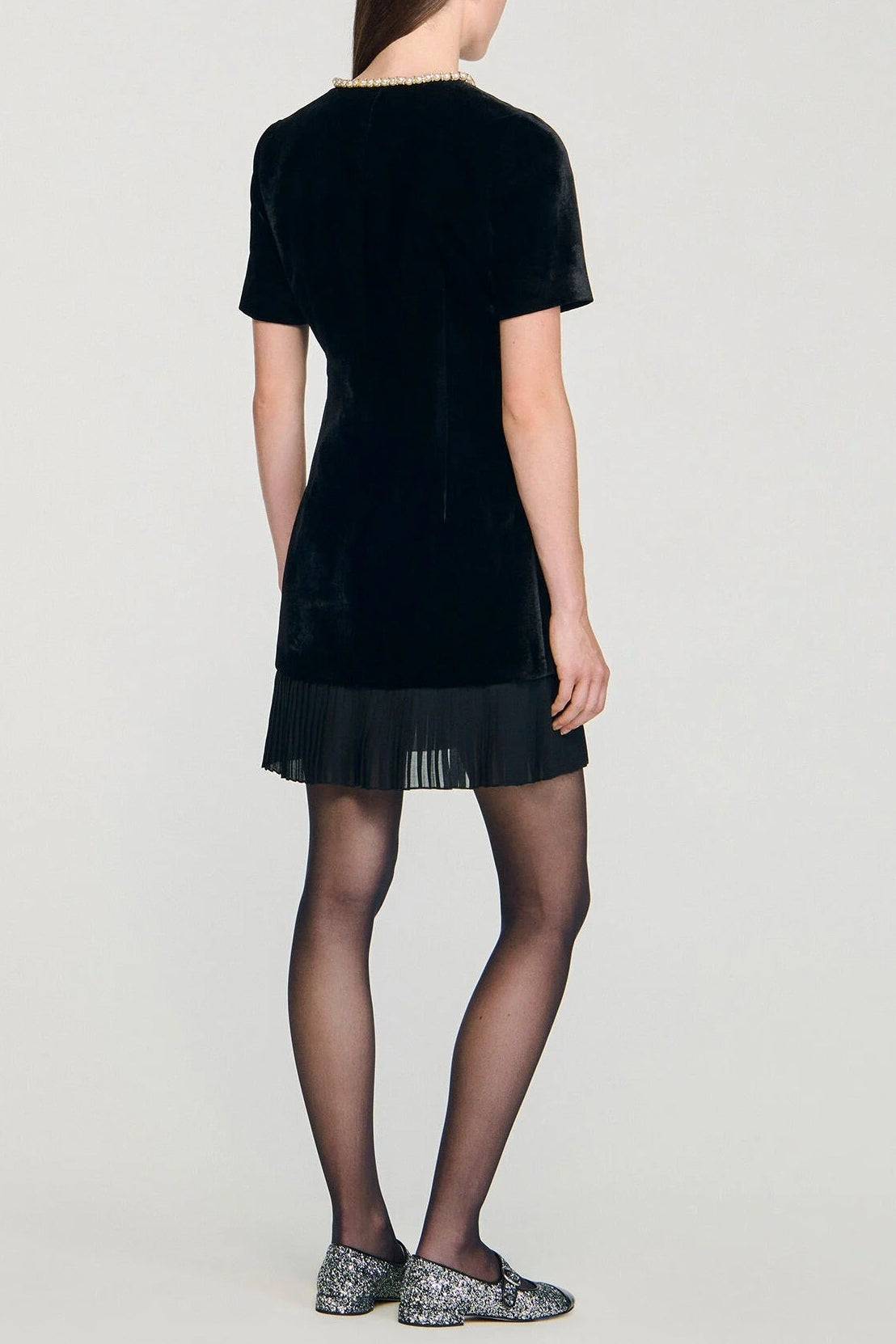 VELVET PEARL COLLAR PLEATED MINI DRESS, BLACK