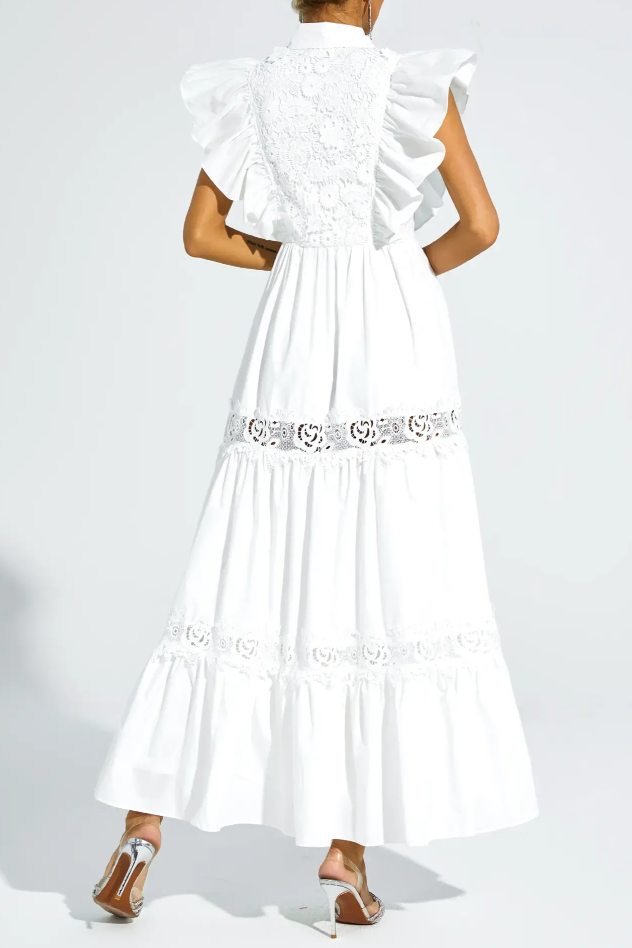 WHITE SLEEVELESS RUFFLE MIDI DRESS