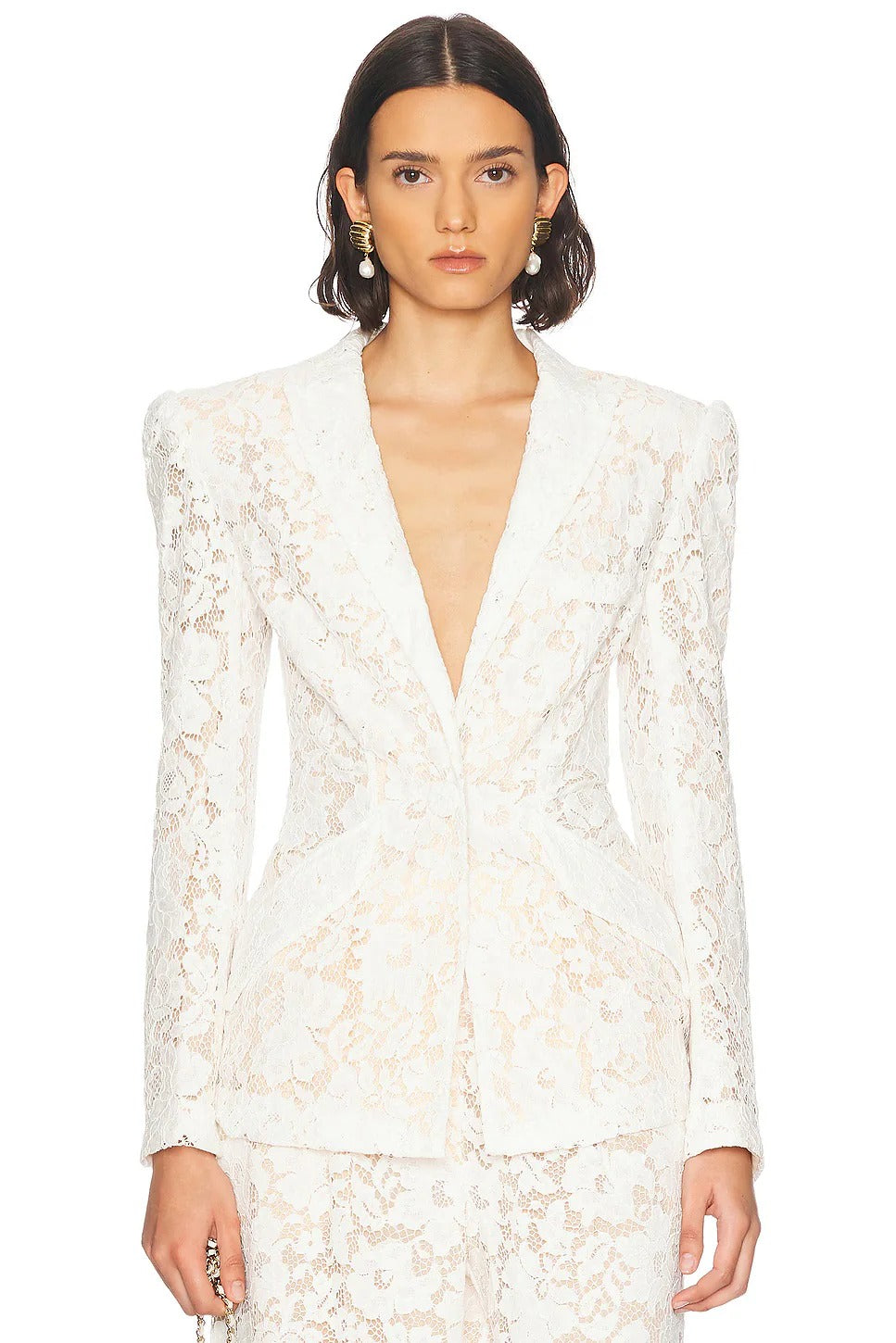 V-NECK LACE BLAZER SET WHITE WEDDING