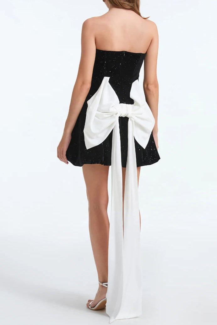 ZAAHIR RHINESTONE BOW SEQUIN STRAPLESS MINI DRESS