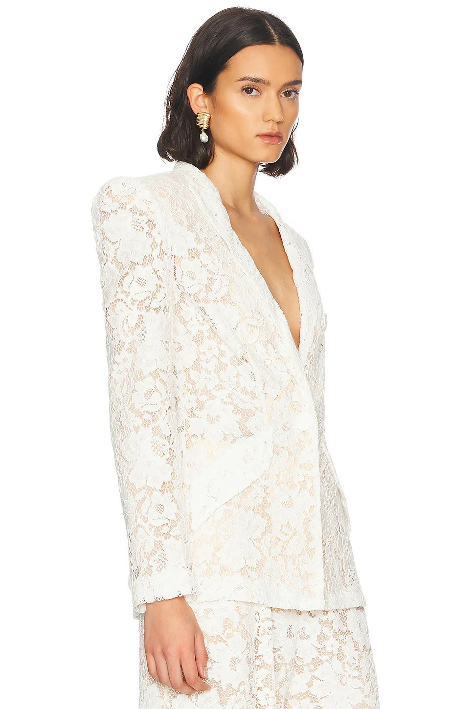 V-NECK LACE BLAZER SET WHITE WEDDING
