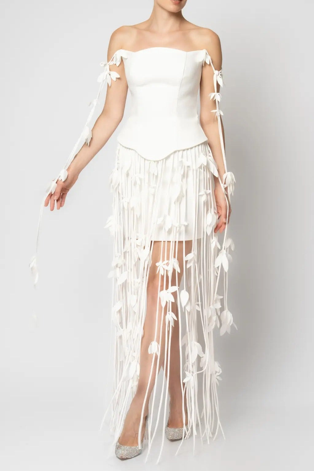 HILARY WHITE FLORAL TASSEL STRAPLESS MINI DRESS