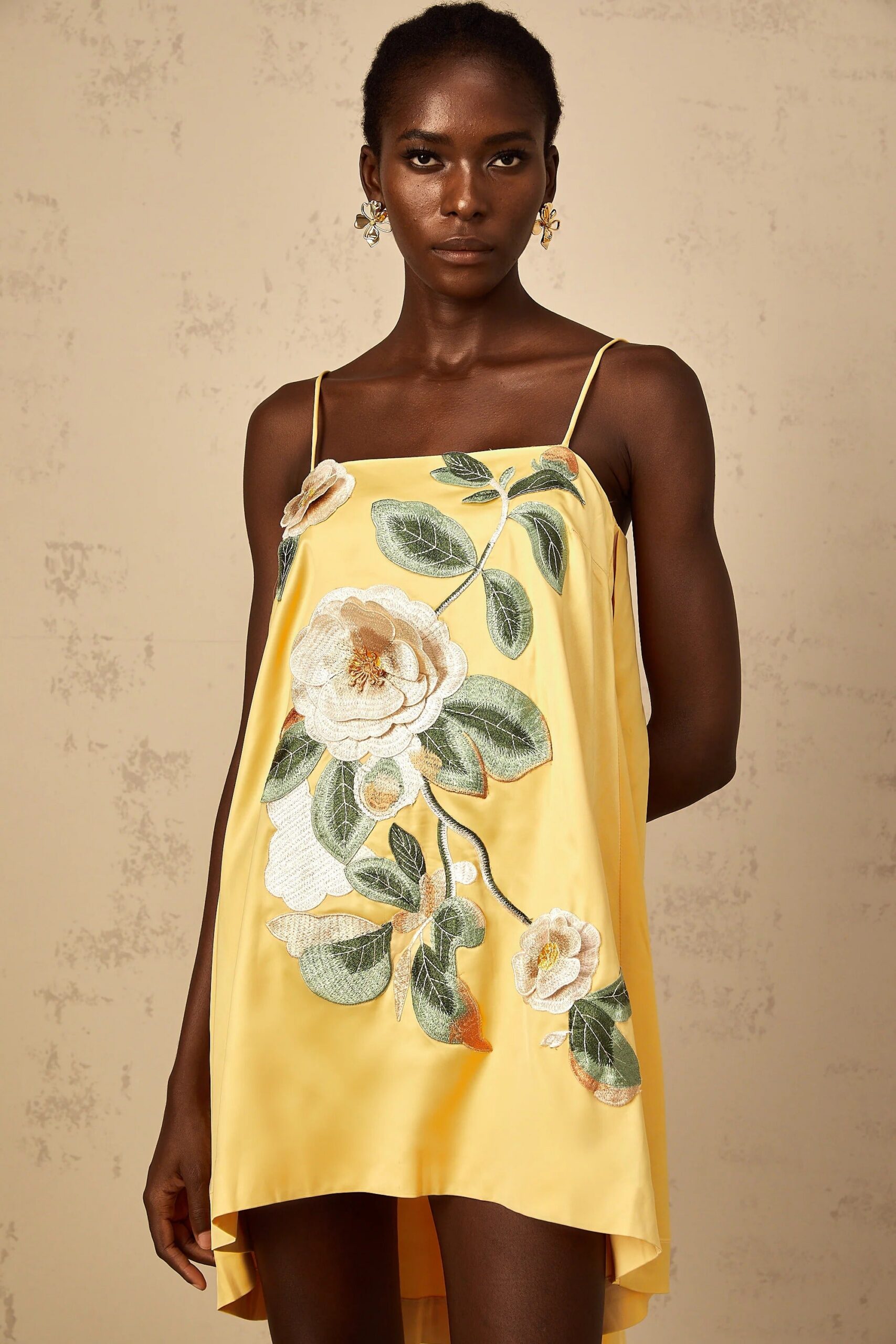 EDWINA YELLOW EMBROIDERED FLORAL MINI DRESS