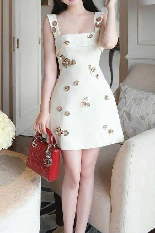 GABRIELLE SEQUIN FLOWER WHITE MINI DRESS