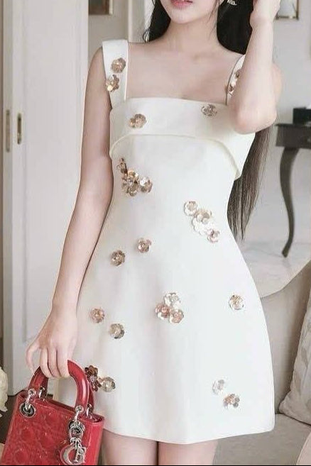 GABRIELLE SEQUIN FLOWER WHITE MINI DRESS