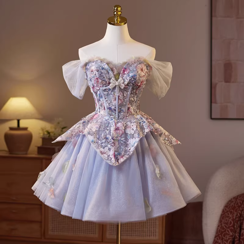 KELLY FLORAL EMBROIDERED TULLE PUFFY MINI DRESS