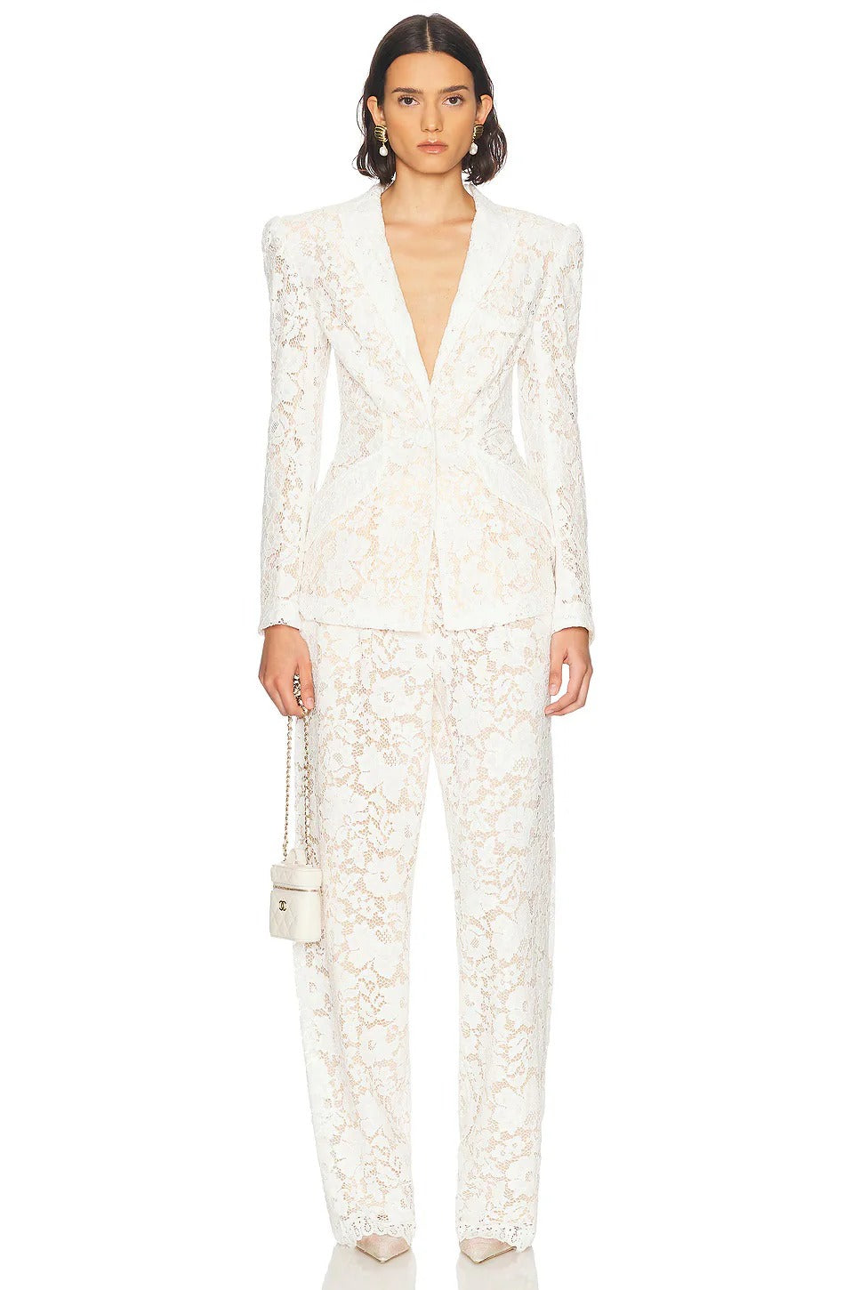V-NECK LACE BLAZER SET WHITE WEDDING