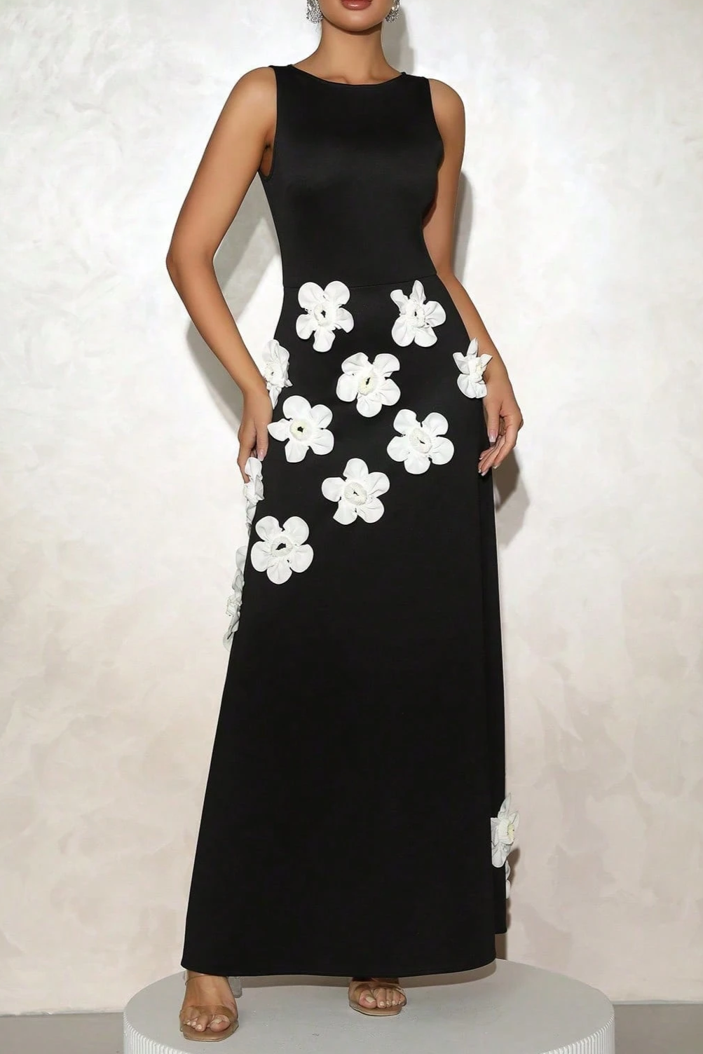 MARCIA 3D FLOWER A-LINE MAXI DRESS BLACK
