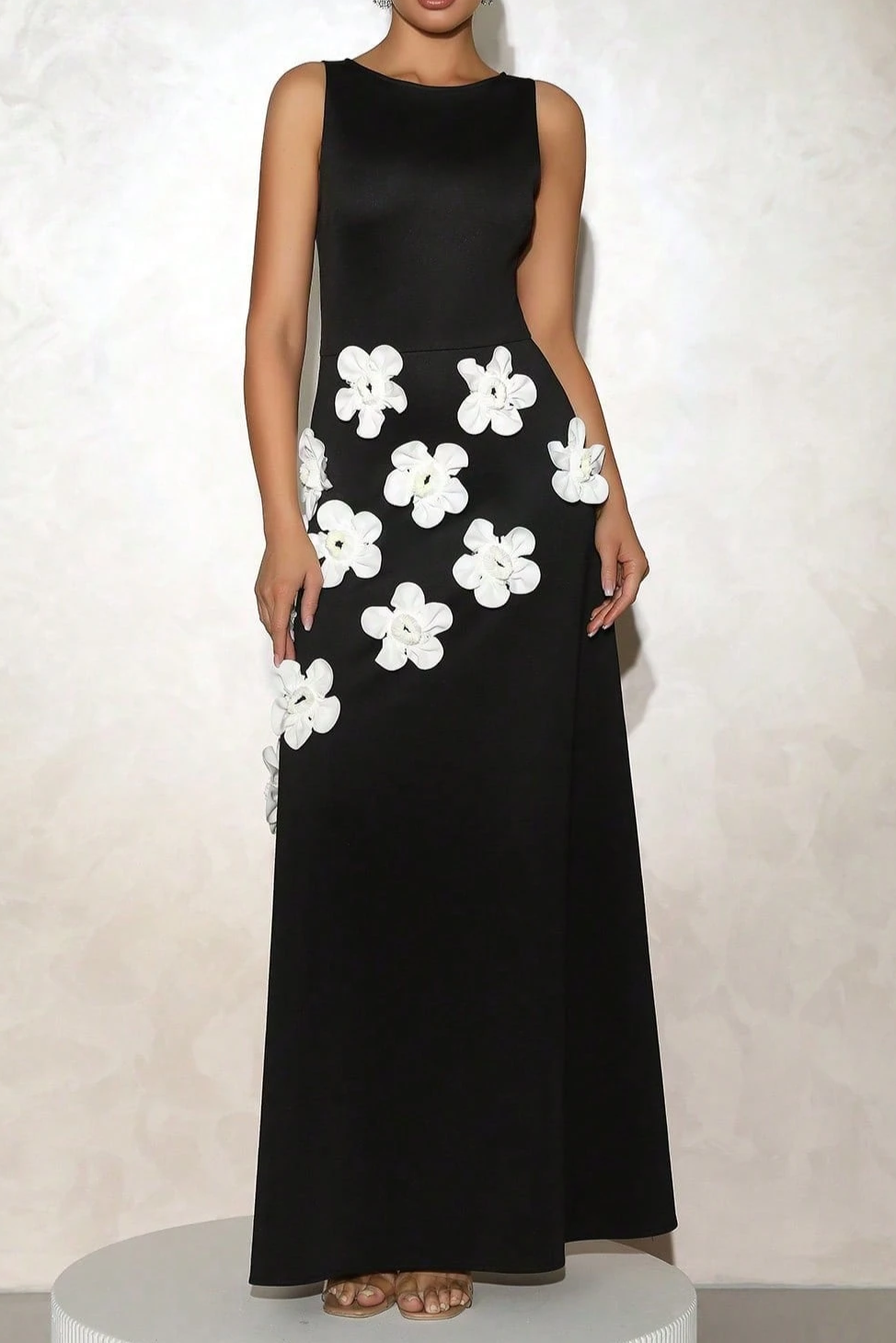 MARCIA 3D FLOWER A-LINE MAXI DRESS BLACK