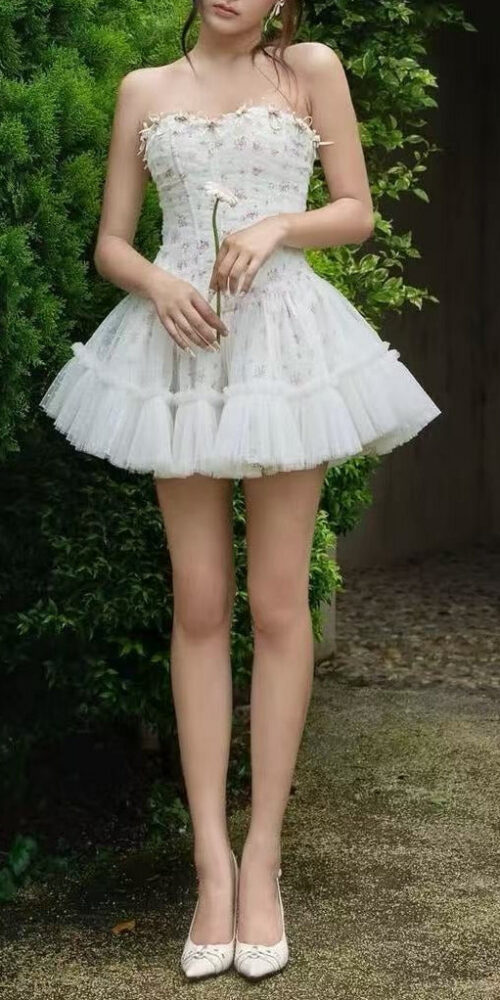 irene floral print strapless tulle mini dress in white