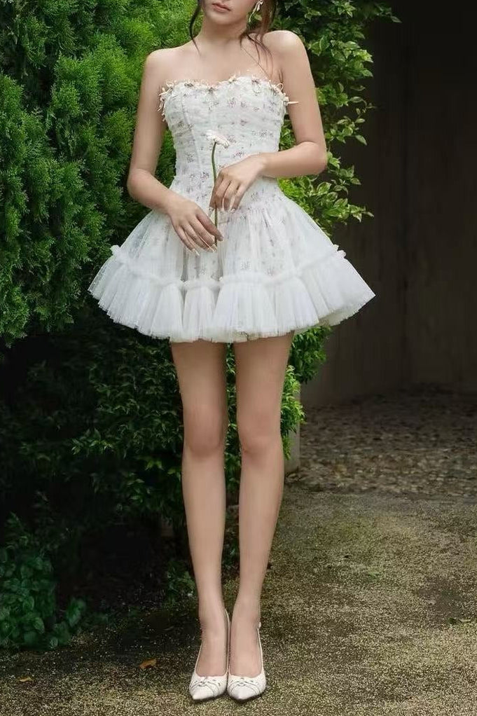 IRENE STRAPLESS FLORAL TULLE MINI DRESS, WHITE