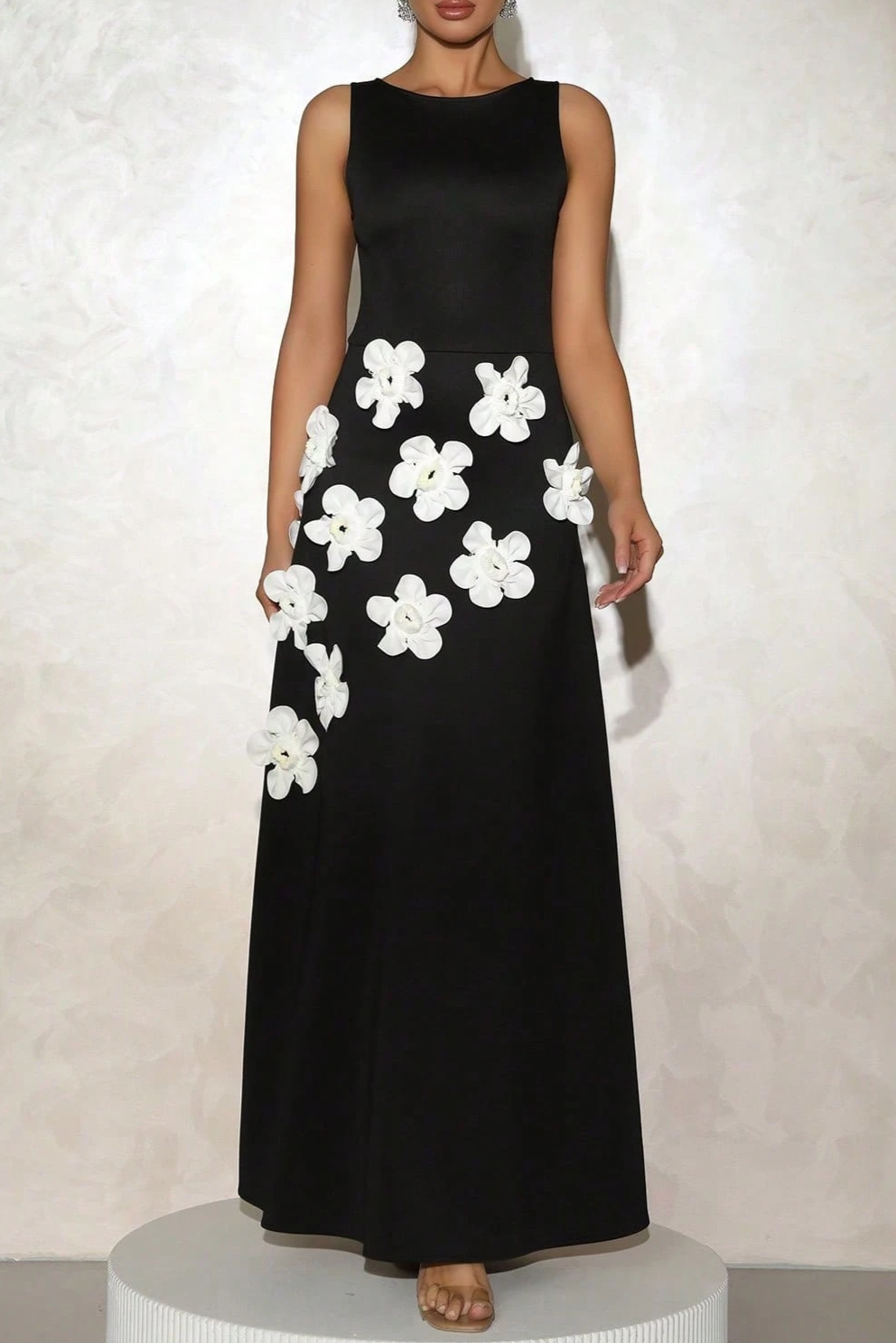 MARCIA 3D FLOWER A-LINE MAXI DRESS BLACK