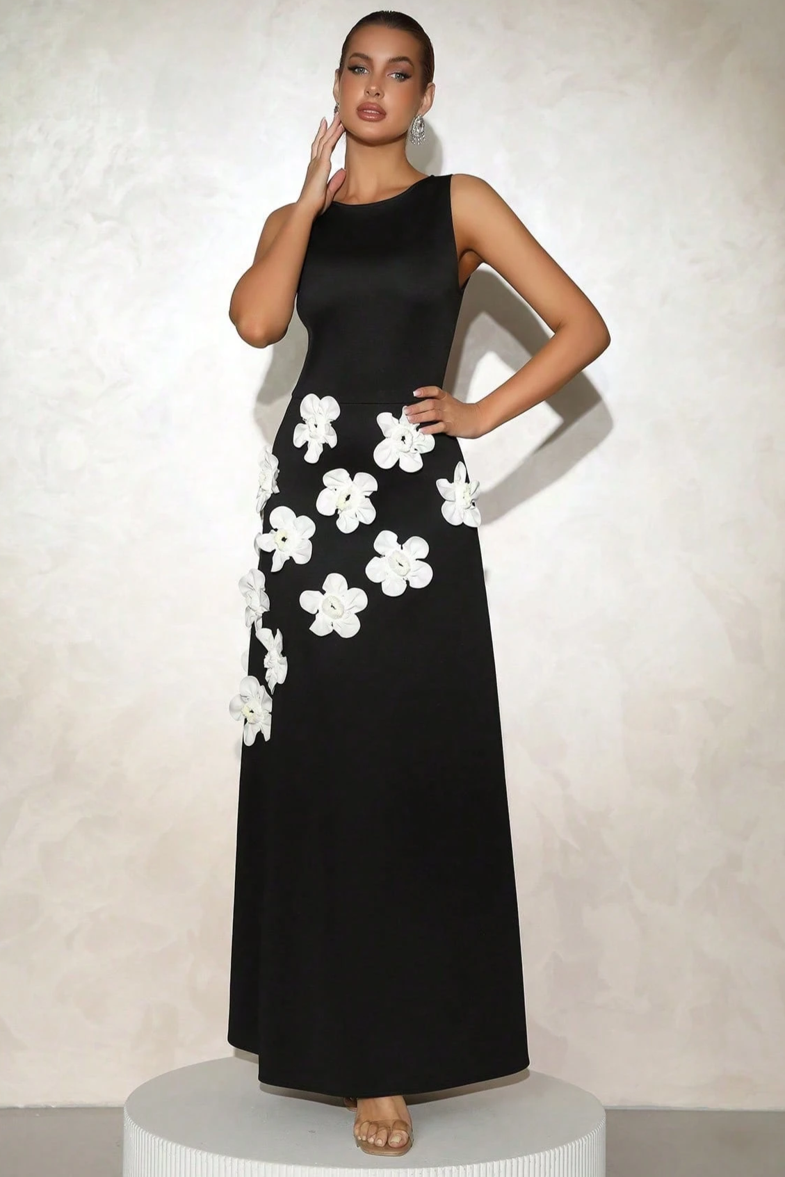 MARCIA 3D FLOWER A-LINE MAXI DRESS BLACK