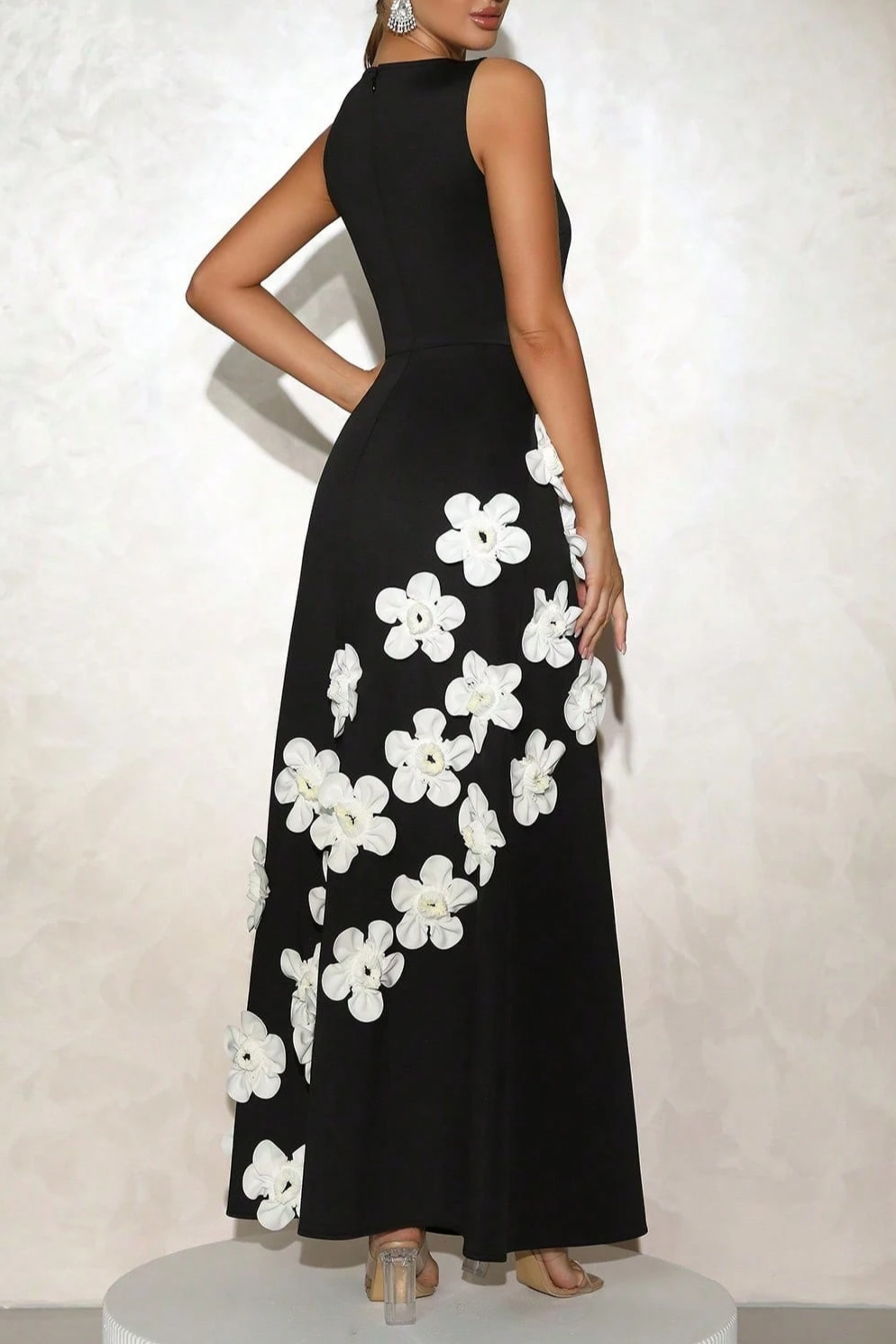 MARCIA 3D FLOWER A-LINE MAXI DRESS BLACK