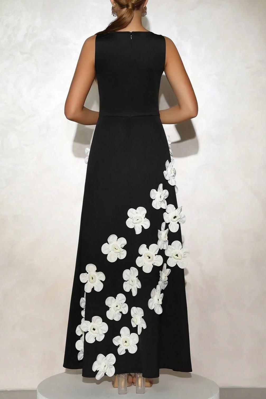 MARCIA 3D FLOWER A-LINE MAXI DRESS BLACK