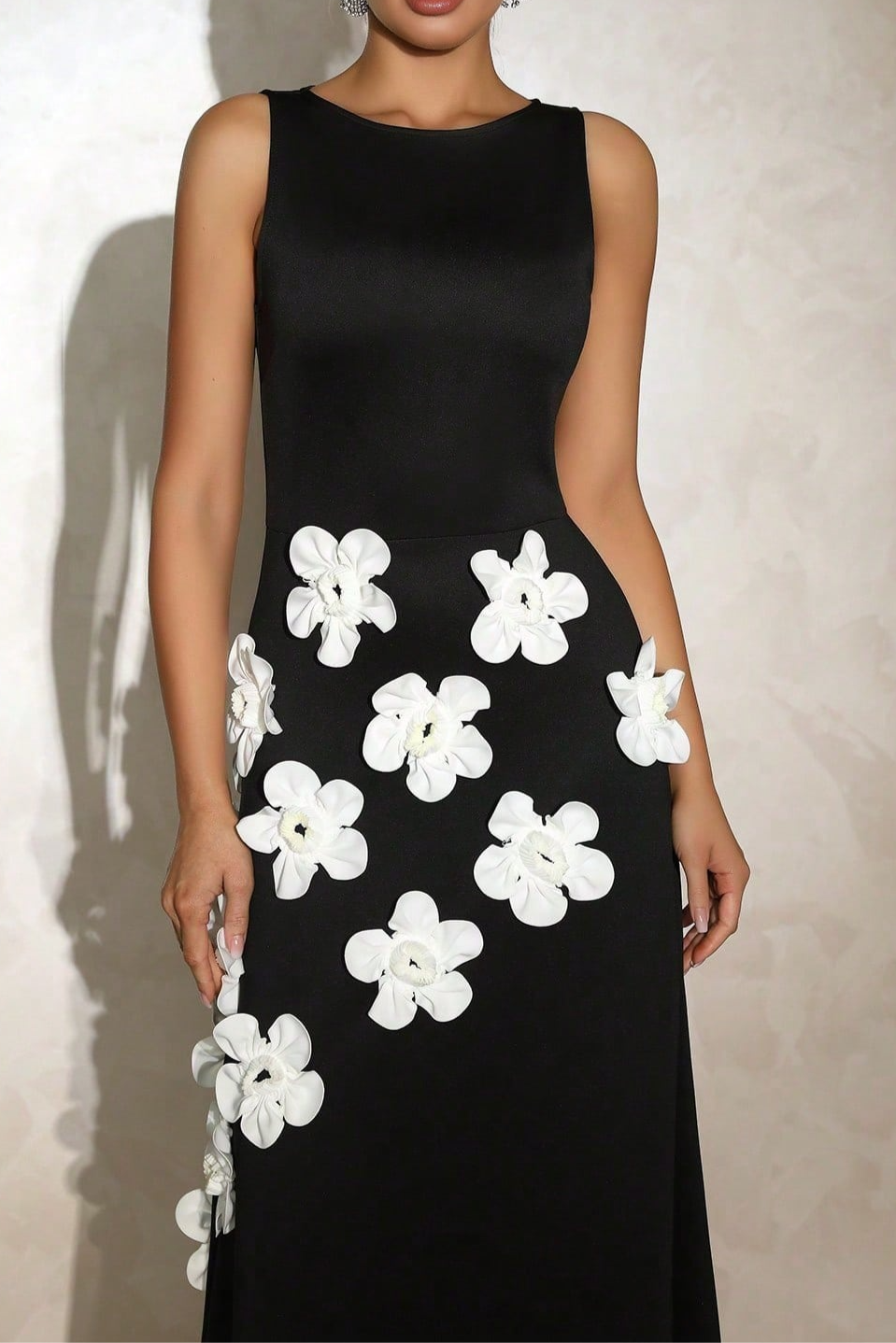 MARCIA 3D FLOWER A-LINE MAXI DRESS BLACK