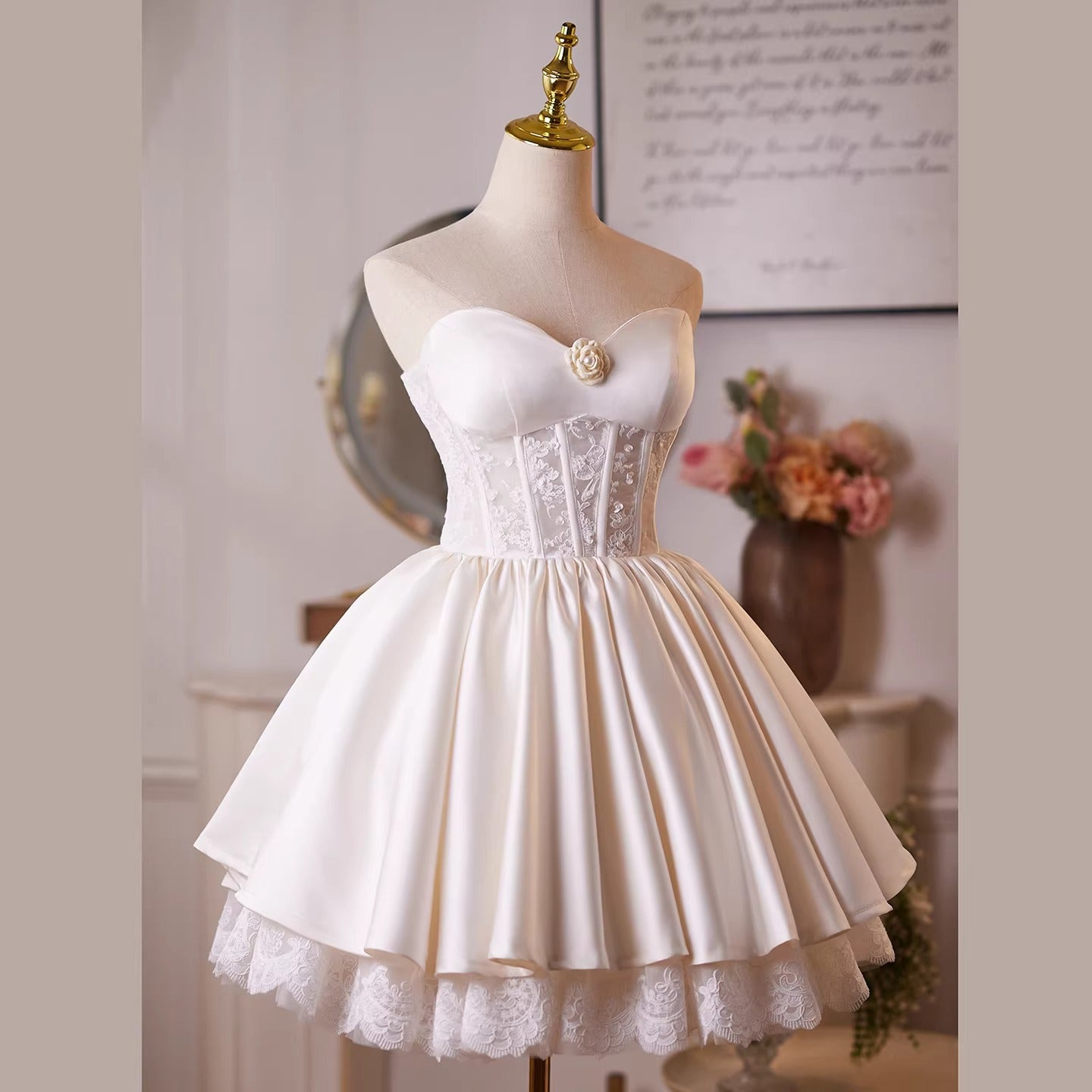 HELEN WHITE LACE SATIN STRAPLESS MINI DRESS