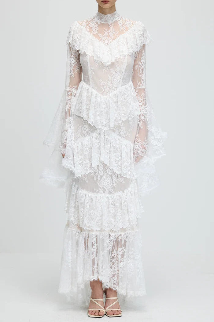 imgi_33_FloralLaceRuffledMaxiDressInWhite SYLVIA SHEER LACE TRUMPET SLEEVE MAXI DRESS, WHITE