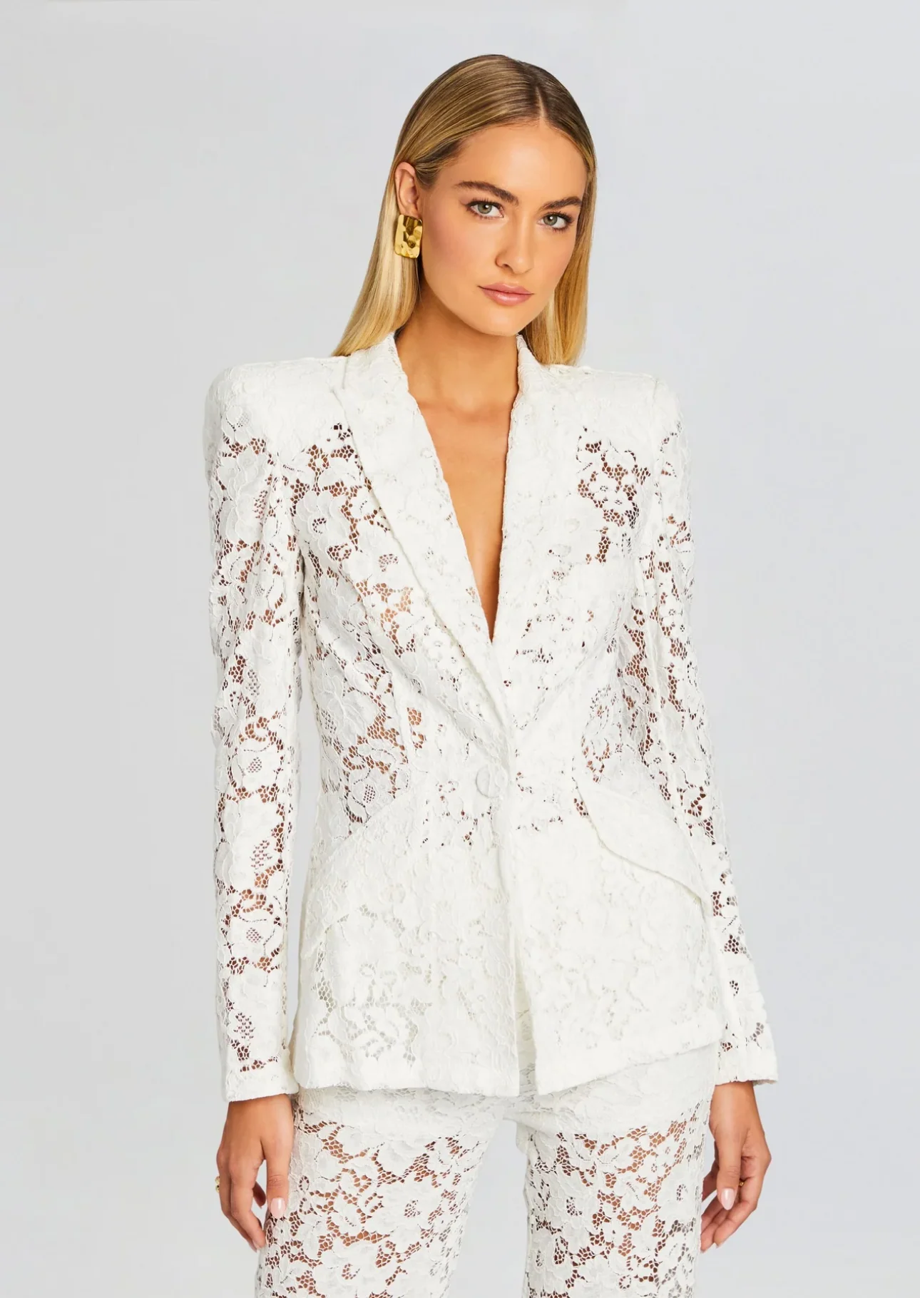 V-NECK LACE BLAZER SET WHITE WEDDING