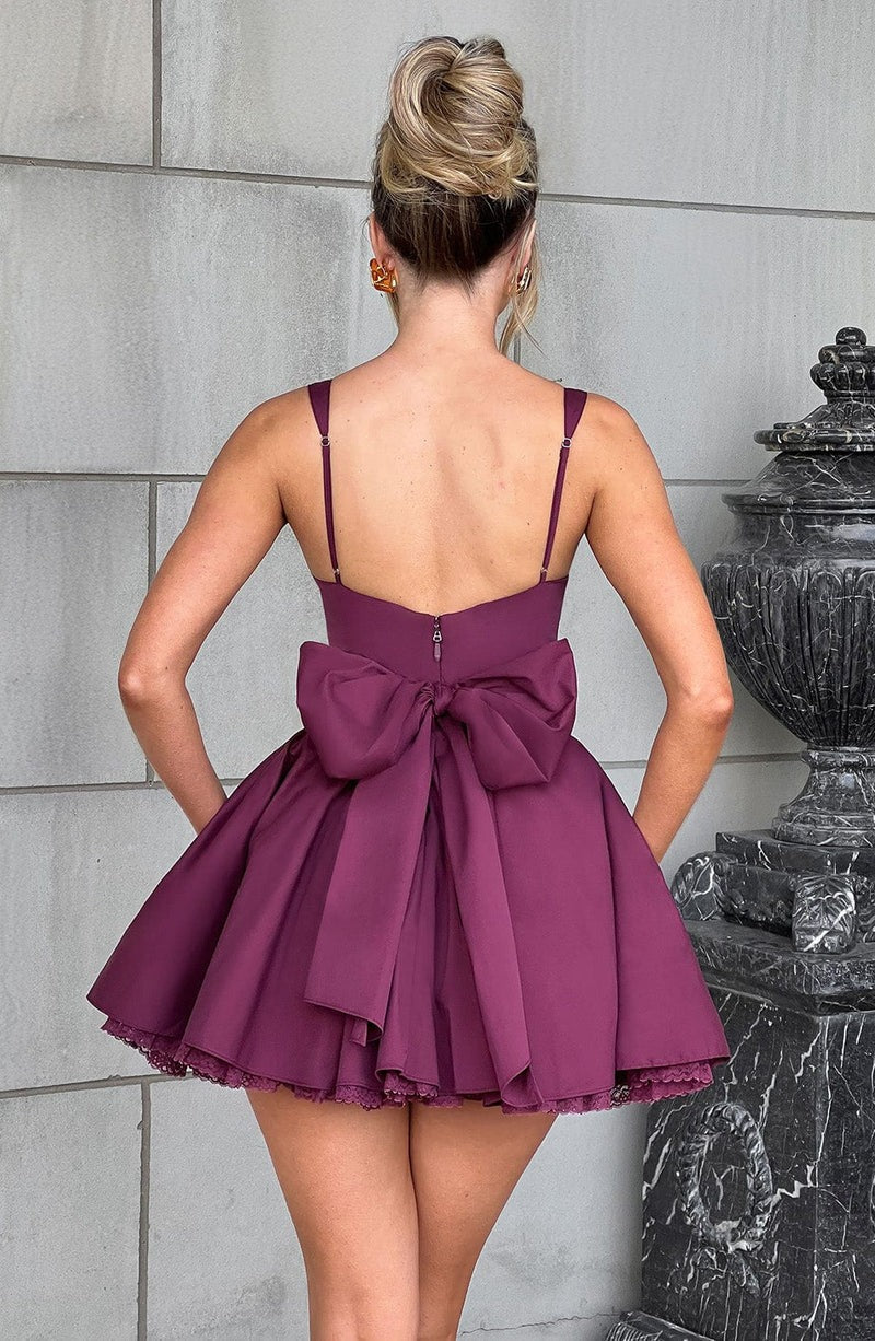 LACE RUFFLE CORSET MINI DRESS IN PURPLE