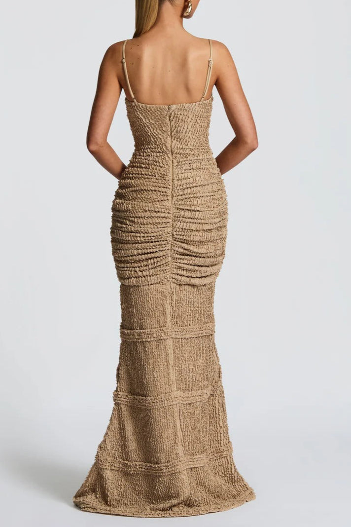 IVORY BODYCON MAXI SLIT PLEATED DRESS
