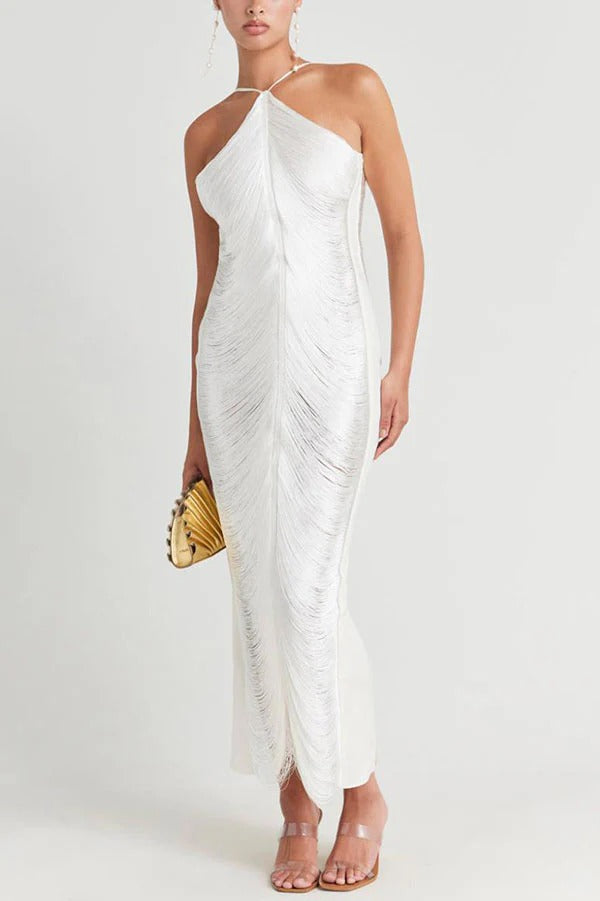 TASSEL BACK SLIT HALTER DRESS FOR PARTY