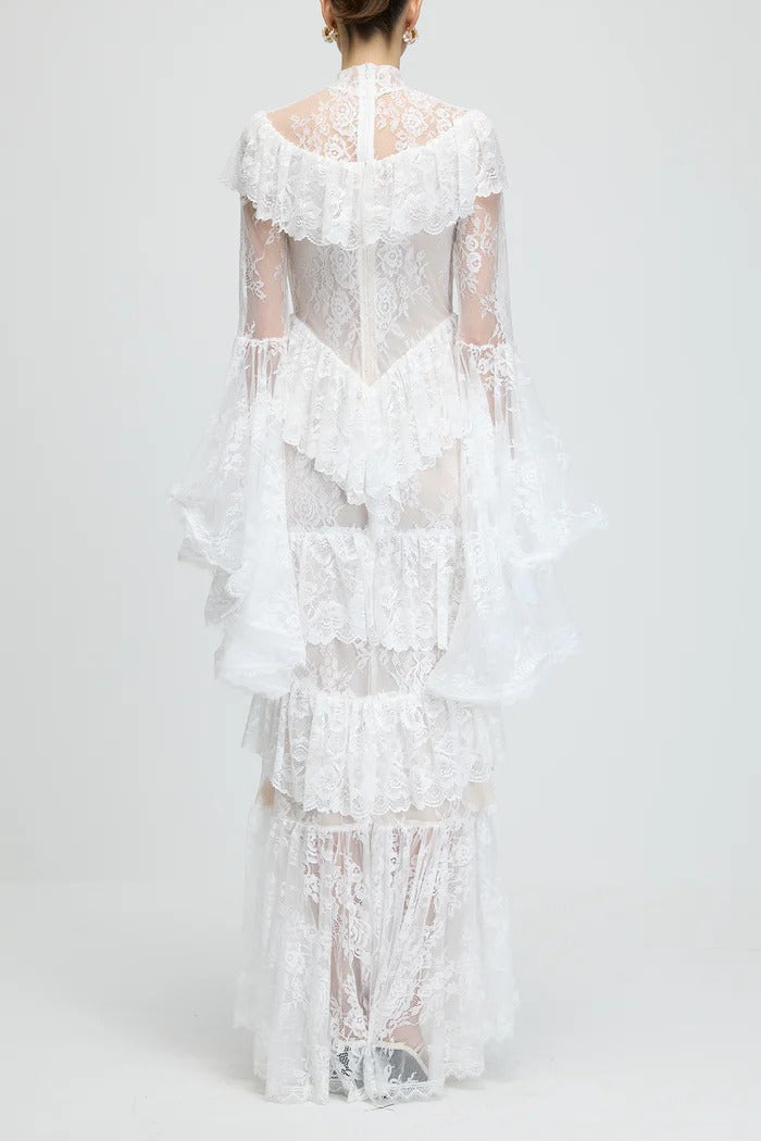 SYLVIA SHEER LACE TRUMPET SLEEVE MAXI DRESS, WHITE