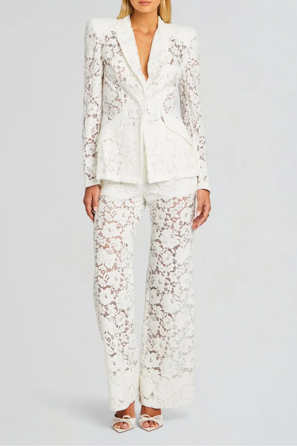V-NECK LACE BLAZER SET WHITE WEDDING