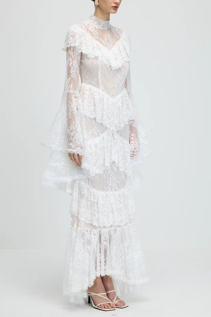 SYLVIA SHEER LACE TRUMPET SLEEVE MAXI DRESS, WHITE