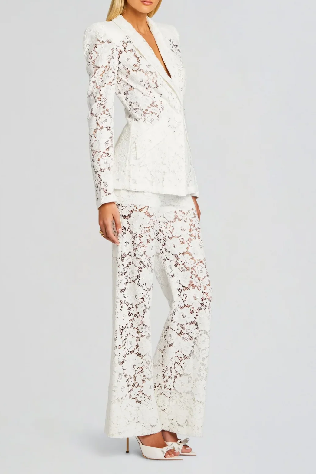 V-NECK LACE BLAZER SET WHITE WEDDING
