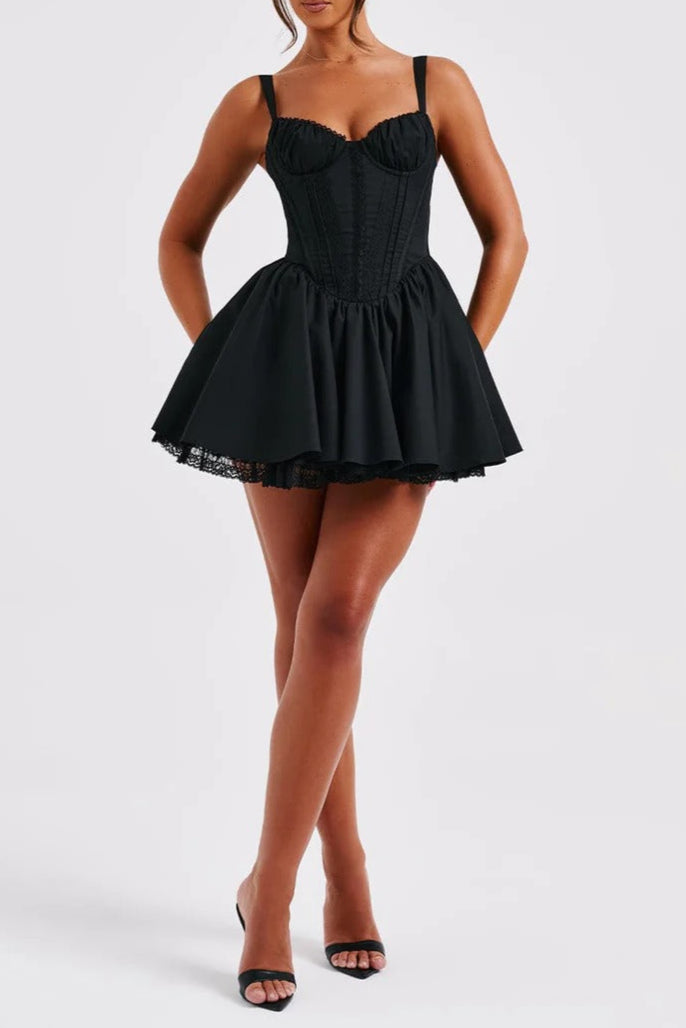 BLACK LACE RUFFLE CORSET MINI DRESS