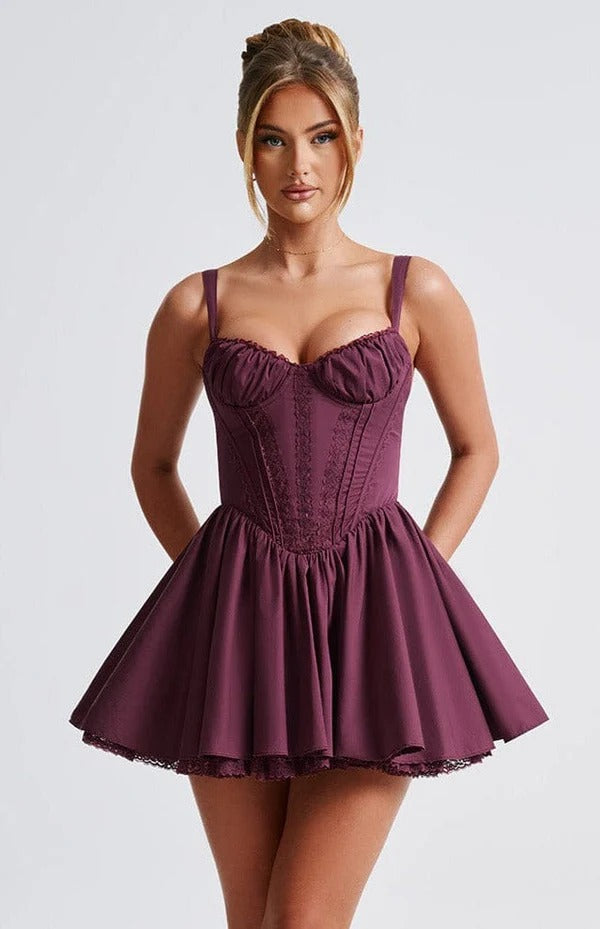 LACE RUFFLE CORSET MINI DRESS IN PURPLE