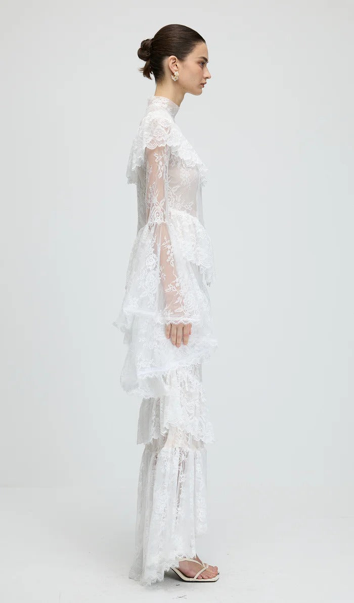SYLVIA SHEER LACE TRUMPET SLEEVE MAXI DRESS, WHITE