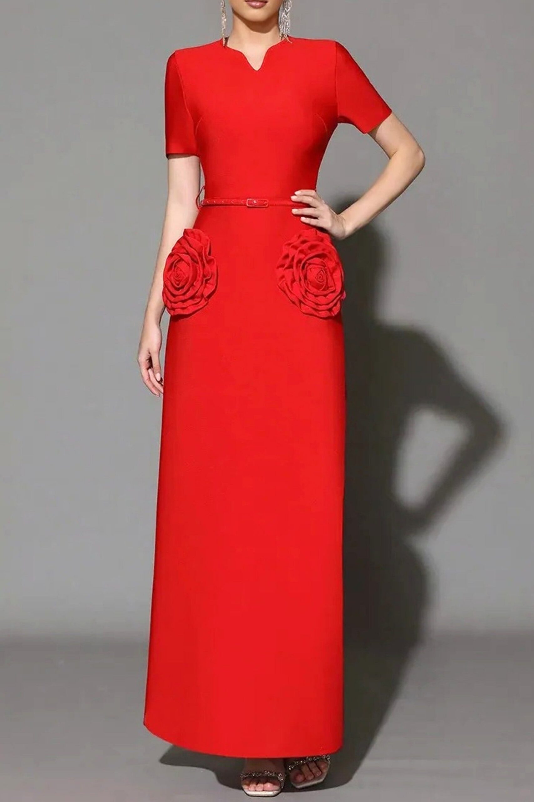 3D FLOWER SLIM MAXI DRESS, RED, PARTY